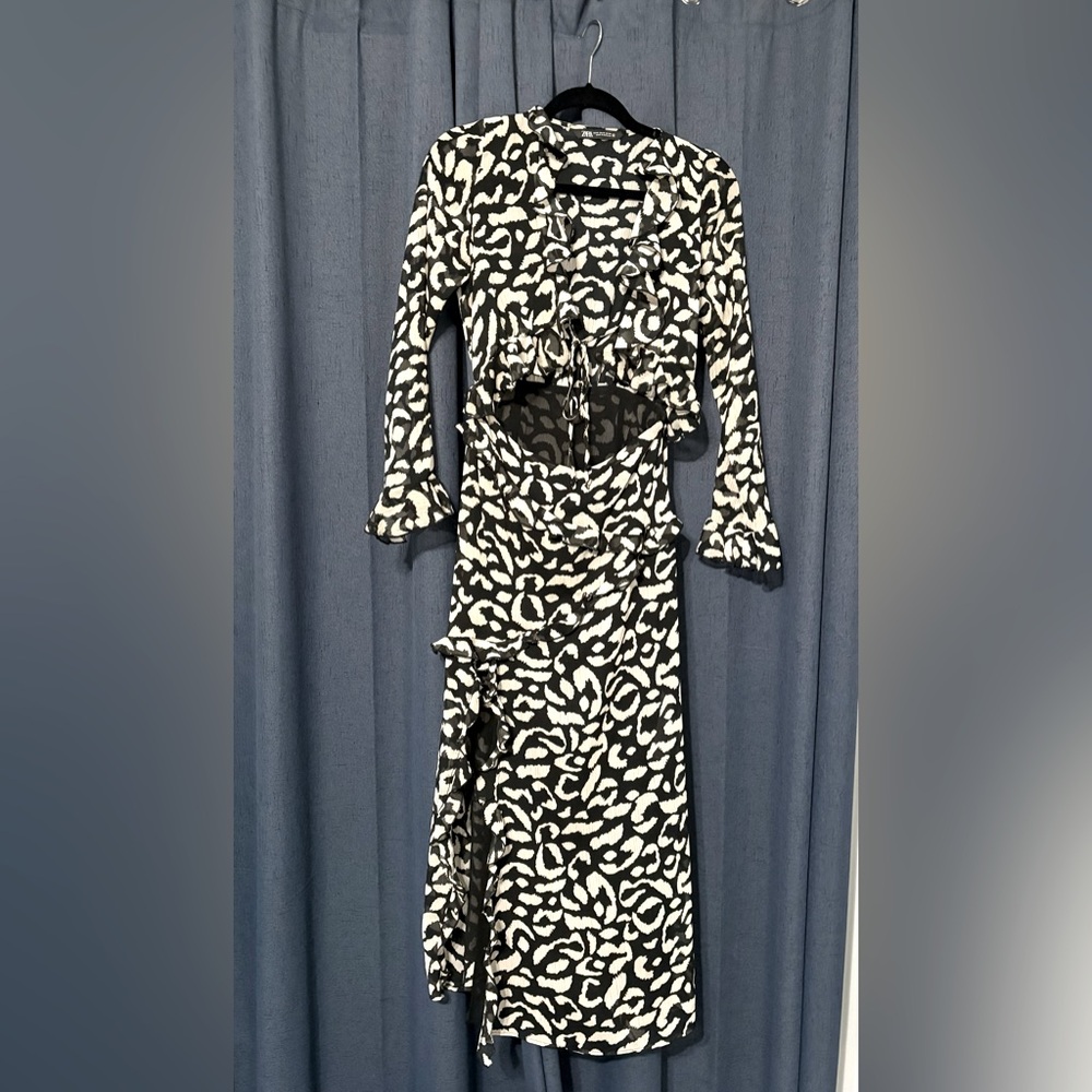 Zara long flounce tie front open belly dress side slit